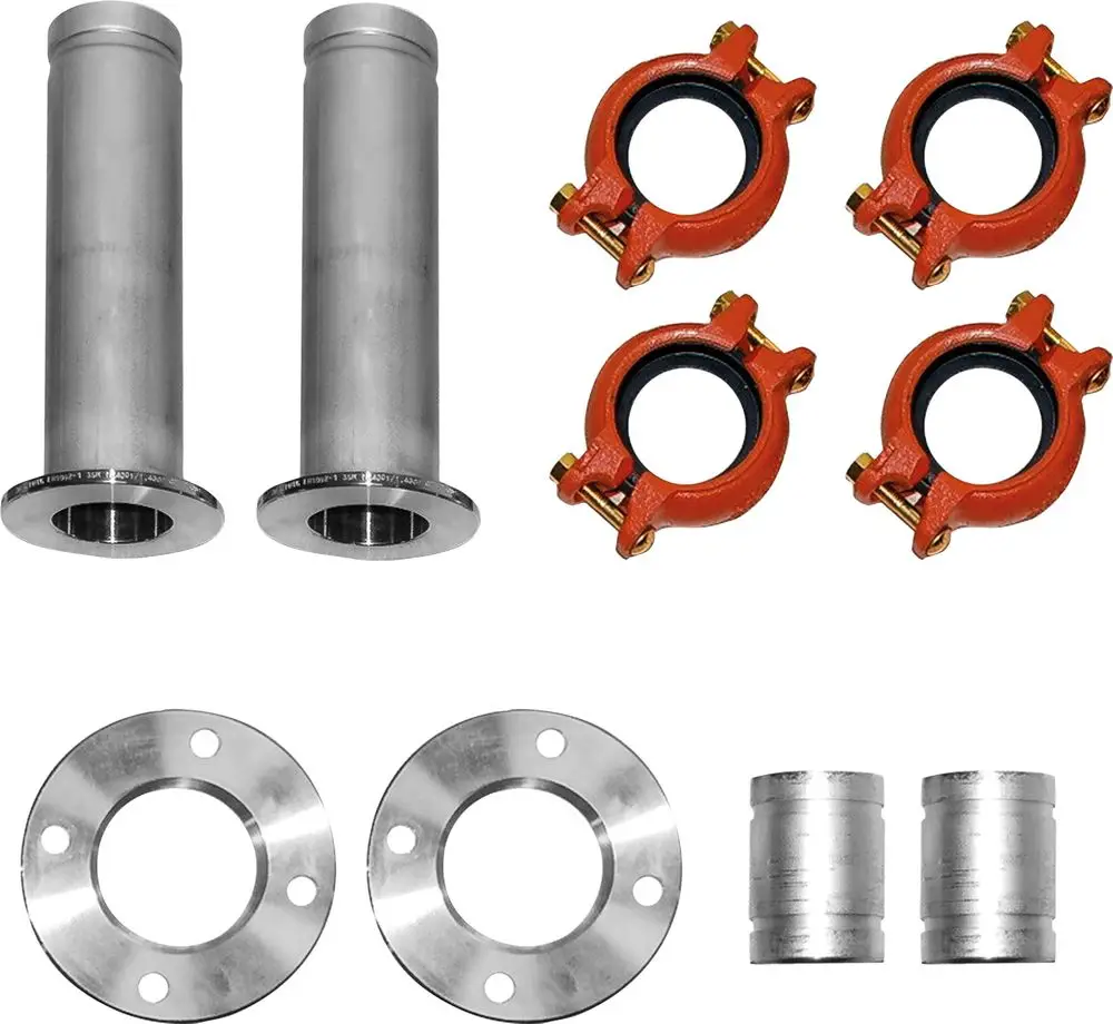 Montageset für Solewärmepumpen mit zwei silbernen Rohren, vier roten Verbindungsstücken und zwei kreisförmigen Flanschen. Passend für Bosch Modelle T720/800-2.